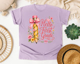 Hello First Grade Pencil graphic tee in Orchid