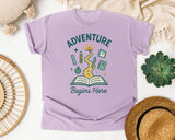 Adventure Begins Here Book graphic tee in Orchid