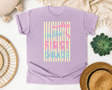 Hello First Grade Stripes graphic tee in Orchid