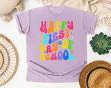 Happy First Day Of School Groovy graphic tee in Orchid