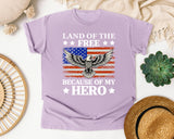 Land Of The Free Because Of My Hero graphic tee in Orchid