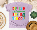Keep Calm And Welcome Back To School Backpack graphic tee in Orchid
