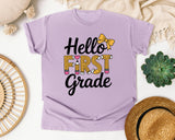 Hello First Grade Bow graphic tee in Orchid