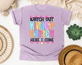 Watch Out Kindergarten Here I Come graphic tee in Orchid