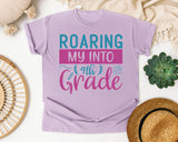 Roaring My Into 4th Grade graphic tee in Orchid