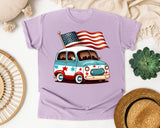 Patriotic Van With Flag graphic tee in Orchid