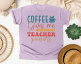 Coffee Gives Me Teacher Powers graphic tee in Orchid