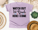 Watch Out 1st Grade Here I Come Pencils graphic tee in Orchid