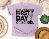 First Day Of School Let The Adventure Begin White 2 graphic tee in Orchid