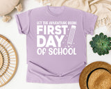 First Day Of School Let The Adventure Begin White 2 3 graphic tee in Orchid