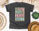 Hello First Grade Stripes graphic tee in Pepper