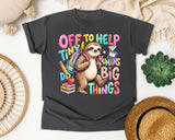 Off To Help Tiny Humans Do Big Things Sloth graphic tee in Pepper