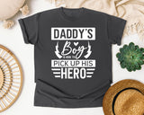 Daddy's Boy Is Here To Pick Up His Hero White 2 graphic tee in Pepper