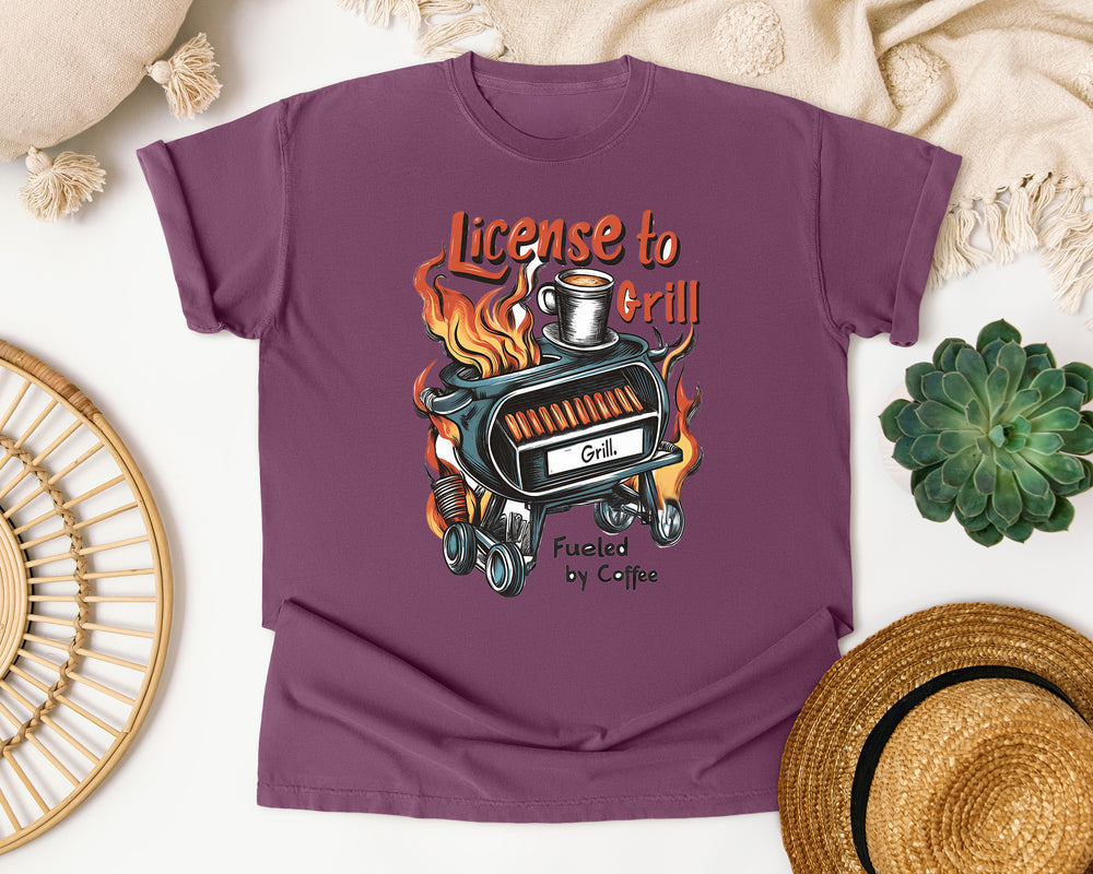 License To Grill Fueled By Coffee graphic tee in Berry Comfort Colors 1717