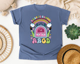 Back To School Rainbow Backpack in Blue Jean Comfort Colors 1717 tee