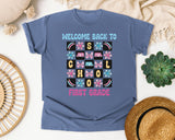 Welcome Back To School First Grade in Blue Jean Comfort Colors 1717 tee