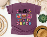 Hello First Grade in Berry Comfort Colors 1717 tee