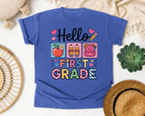 Hello First Grade in Flo Blue Comfort Colors 1717 tee