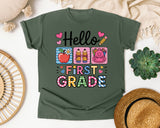 Hello First Grade in Moss Comfort Colors 1717 tee