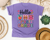 Hello First Grade in Violet Comfort Colors 1717 tee