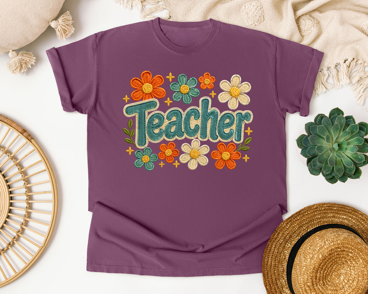 Teacher Floral Stitch in Berry Comfort Colors 1717 tee