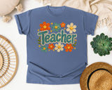 Teacher Floral Stitch in Blue Jean Comfort Colors 1717 tee