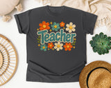 Teacher Floral Stitch in Pepper Comfort Colors 1717 tee