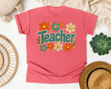Teacher Floral Stitch in Watermelon Comfort Colors 1717 tee