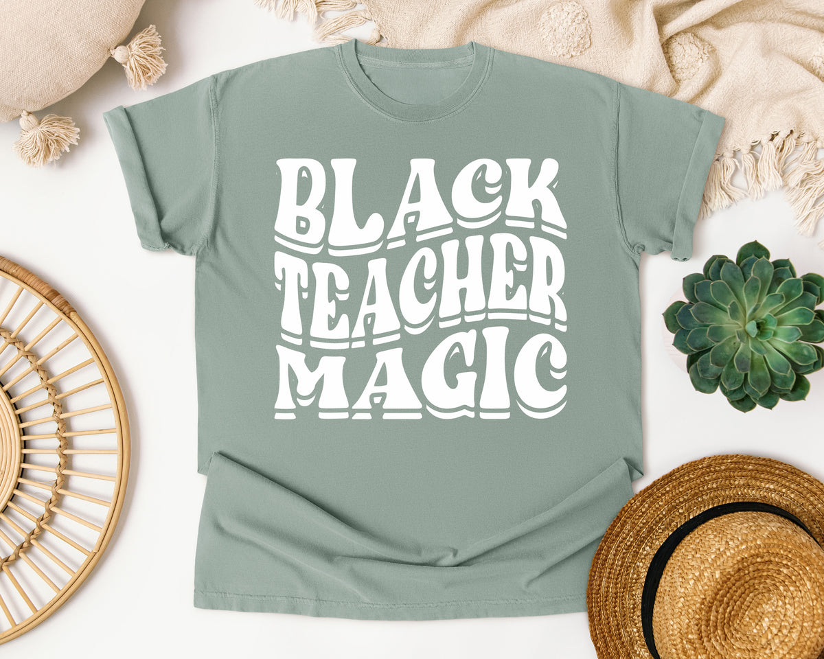 Black Teacher Magic Light Print in Bay Comfort Colors 1717 tee