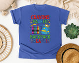 Crayons Packed Backpack Ready in Flo Blue Comfort Colors 1717 tee