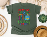Crayons Packed Backpack Ready in Moss Comfort Colors 1717 tee