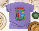 Crayons Packed Backpack Ready in Violet Comfort Colors 1717 tee