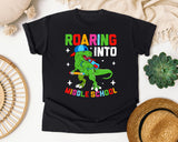 Roaring Into Middle School in Black Comfort Colors 1717 tee