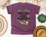 First Day Equals New Adventures in Berry Comfort Colors 1717 tee