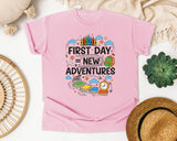 First Day Equals New Adventures in Blossom Comfort Colors 1717 tee