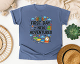 First Day Equals New Adventures in Blue Jean Comfort Colors 1717 tee
