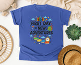 First Day Equals New Adventures in Flo Blue Comfort Colors 1717 tee