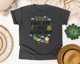 First Day Equals New Adventures in Pepper Comfort Colors 1717 tee
