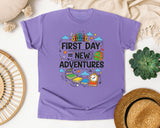 First Day Equals New Adventures in Violet Comfort Colors 1717 tee