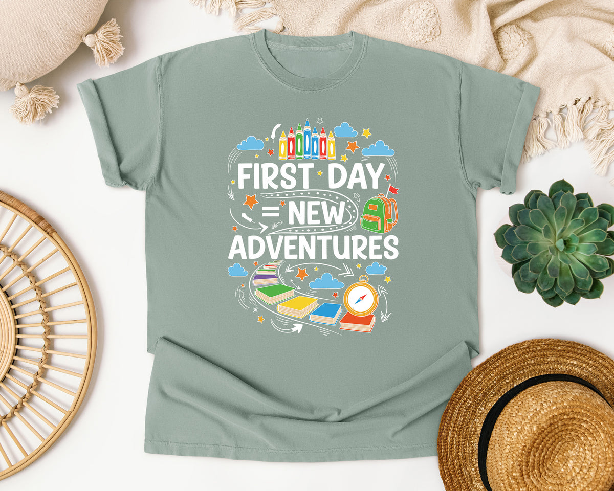 First Day Equals New Adventures Light Print in Bay Comfort Colors 1717 tee