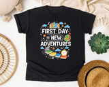 First Day Equals New Adventures Light Print in Black Comfort Colors 1717 tee