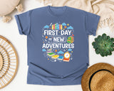 First Day Equals New Adventures Light Print in Blue Jean Comfort Colors 1717 tee