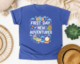 First Day Equals New Adventures Light Print in Flo Blue Comfort Colors 1717 tee