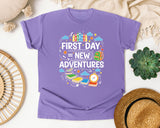 First Day Equals New Adventures Light Print in Violet Comfort Colors 1717 tee