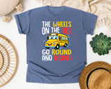 The Wheels On The Bus Light Print in Blue Jean Comfort Colors 1717 tee