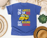 The Wheels On The Bus Light Print in Flo Blue Comfort Colors 1717 tee