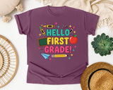 Hello First Grade Crayons in Berry Comfort Colors 1717 tee