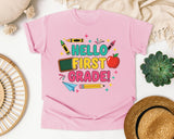 Hello First Grade Crayons in Blossom Comfort Colors 1717 tee