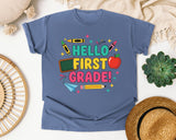 Hello First Grade Crayons in Blue Jean Comfort Colors 1717 tee