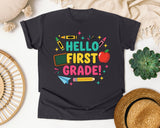 Hello First Grade Crayons in Graphite Comfort Colors 1717 tee